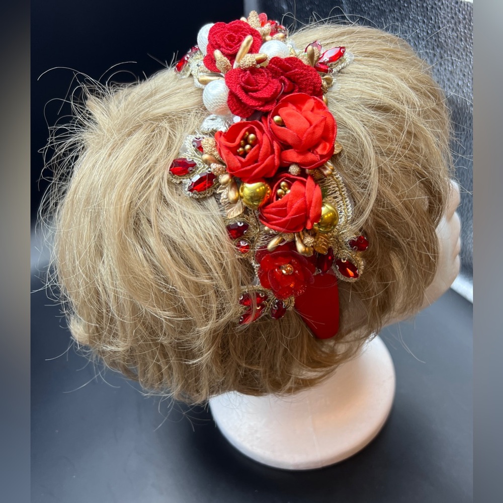 Floral and Faux Pearl Embellished Headband - Red - NWOT